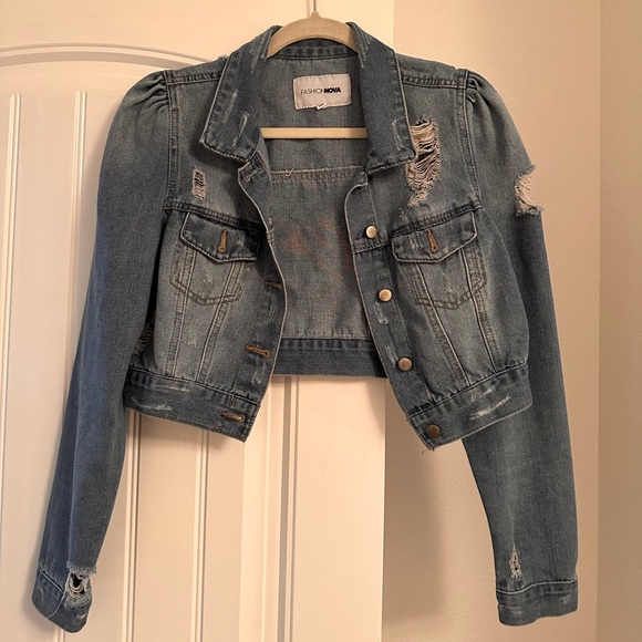 Fashion Nova Jackets & Blazers - Fashion Nova puff shoulder distressed blue jean jacket medium